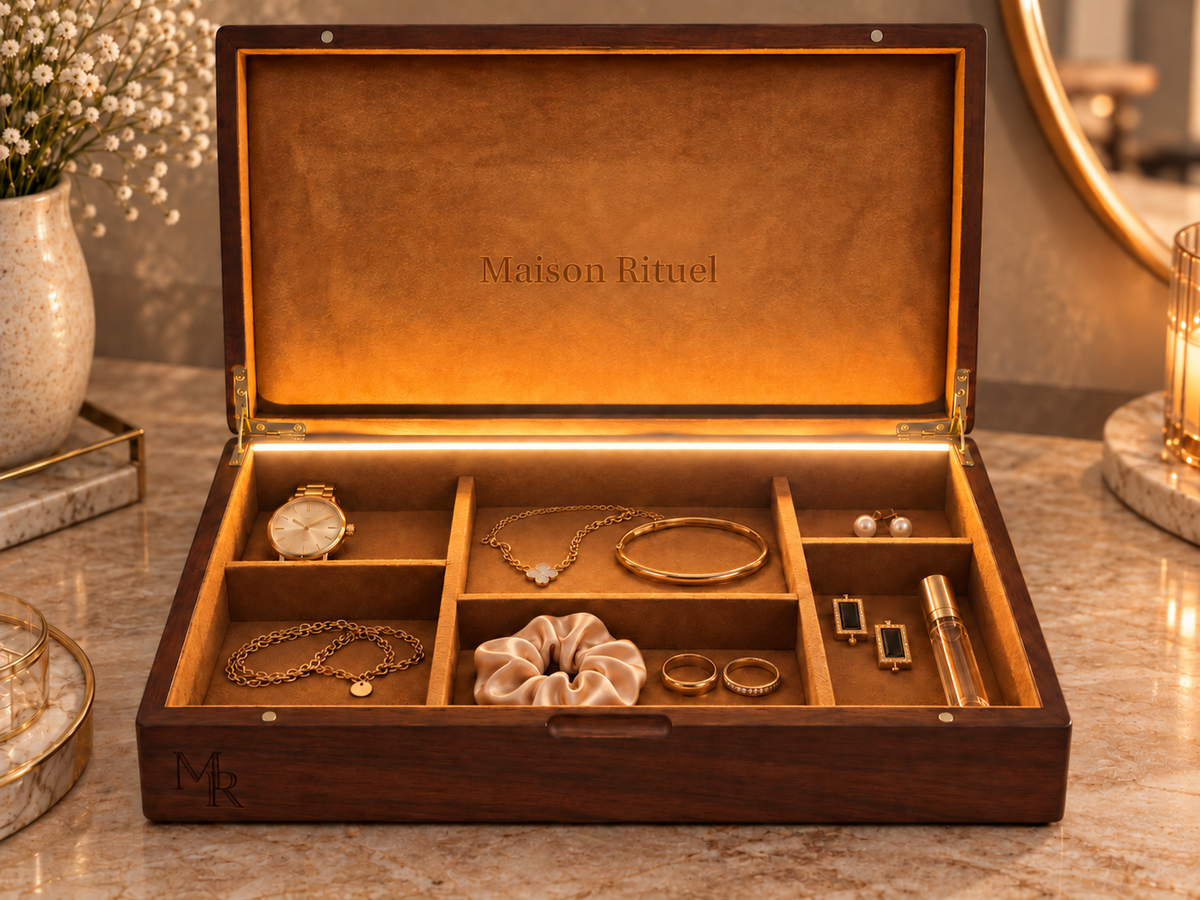 Maison Rituel illuminated walnut valet box organized with a watch, jewelry, silk scrunchie, earrings and perfume atomizer