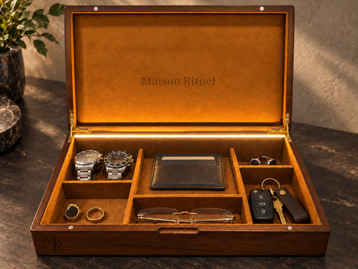 Maison Rituel illuminated walnut valet box organized with two watches, a wallet, rings, glasses, cufflinks and keys